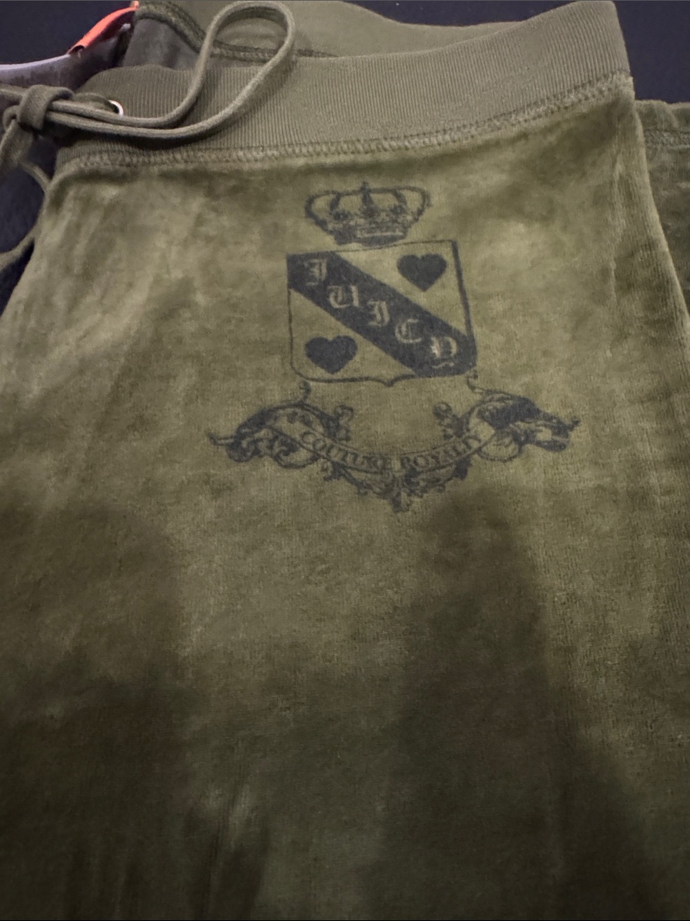 Vintage Juicy Couture Olive Green Velour pants with Crest Print